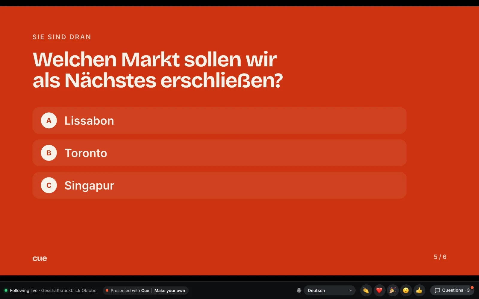 A follower's screen in German: a poll slide asking which market to open next, with a language menu set to Deutsch, reaction buttons and three questions waiting.