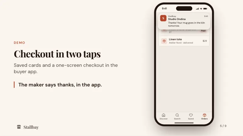 Stallbay's sprint review, Sprint 24: the demo slide “Checkout in two taps”, a mobile app drawn by Cue.