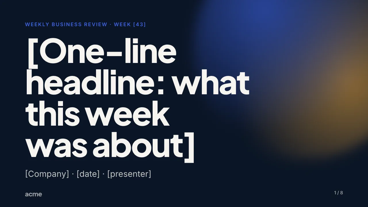The first slide of the weekly business review template, in a made-up brand.